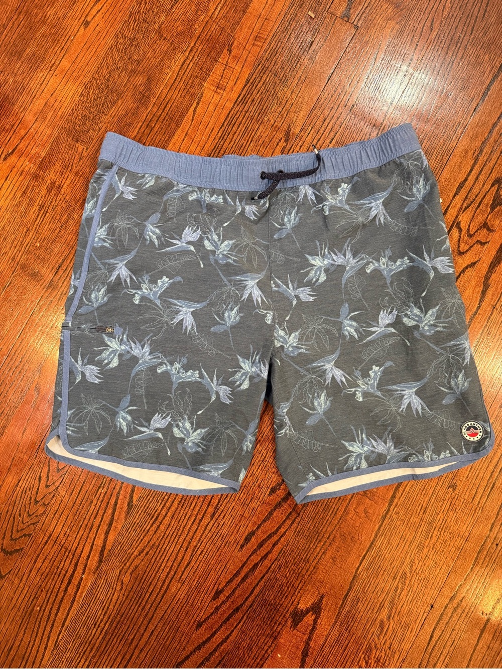 Men's Slate Blue Floral Swim Trunks with Drawstring Sz XL